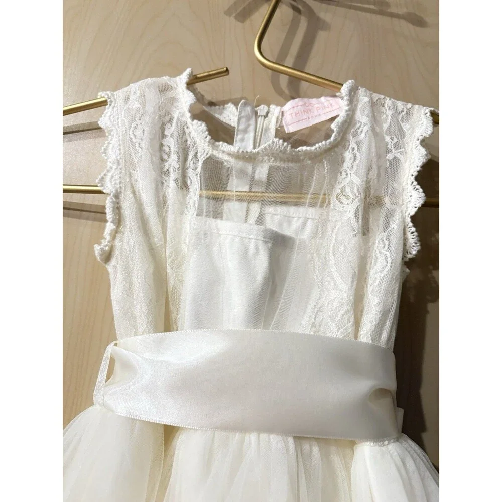Girls Ivory Lace Tulle Dress Satin Bow Special Occasion Size 4-5